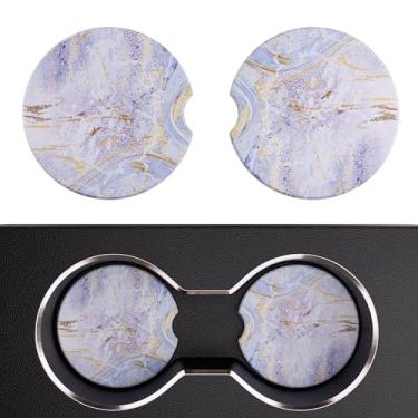 Imagem de Leadiy Pacote com 2 porta-copos de carro, suportes de copo de 6,6 cm, acessórios de carro com impressão de mármore, porta-copos de pedra cerâmica e base de cortiça sem arranhões