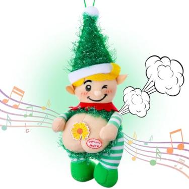 Imagem de Ceoighe Enfeite de Natal musical de elfo verde, decoração de árvore de Natal com som engraçado, material de meias, lindo elfo mordaça, presente de elefante branco para troca de presentes de festa de