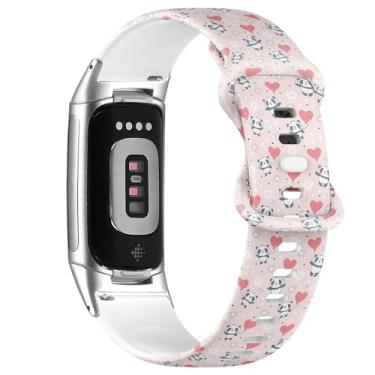 Imagem de Pulseira de relógio de silicone macio compatível com Fitbit Charge 5/Fitbit Charge 6 (rosa Pandas fofo) para mulheres e homens