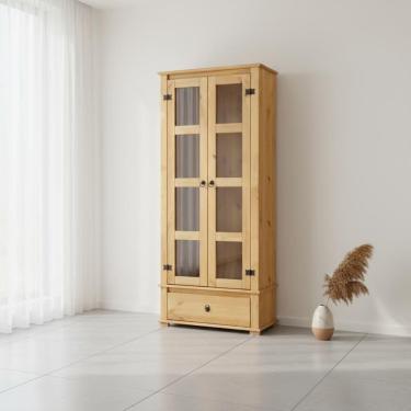 Imagem de Cristaleira Madeira Maciça 2 Portas De Vidro 1 Gaveta Rústica - Mel