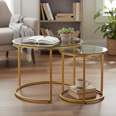 Imagem de Conjunto de 2 mesas de centro redondas de assento, modernas mesas de assentamento de vidro, mesa de canto minimalista empilhável para sala de estar, quarto, espaço pequeno, vidro e dourado