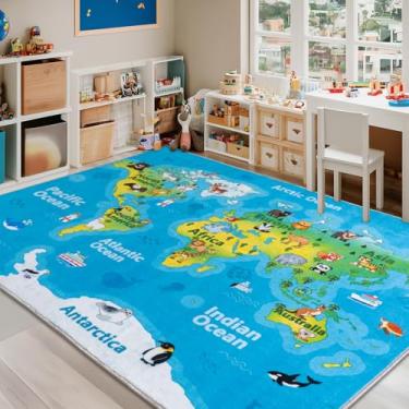Imagem de OHDS Tapete infantil para sala de jogos, tapete educativo para crianças, 2,1 x 2,7 m, mapa-múndi com animais fofos, lavável, durável, macio, tapete educativo para meninos, meninas, quarto de bebê