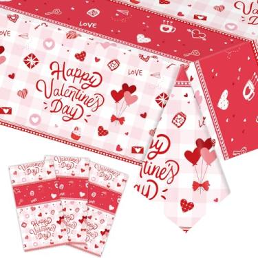 Imagem de Temicle Toalha de mesa de plástico para Dia dos Namorados de 3 peças 137 x 272 cm – Capas de mesa retangulares descartáveis vermelhas e brancas para jantares românticos, festas e celebrações