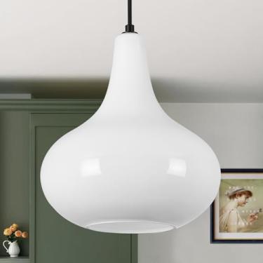 Imagem de CATINER Luminária pendente de vidro branco leite de 28 cm, luminária de teto suspensa de vidro soprado com acabamento preto, lâmpada pendente moderna vintage grande para ilha de cozinha, pia, corredor