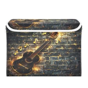 Imagem de Wassud Cestos de armazenamento dobráveis com tampas, cestas organizadoras de tecido dobráveis de guitarra preta para armário, casa e decoração sazonal 41,5 x 32,5 x 39 cm