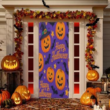 Imagem de Wassud Decoração de cobertura de porta de abóboras de dia das bruxas faixa interna externa decoração de casa de varanda grande decoração de porta da frente 89 x 199 centímetros