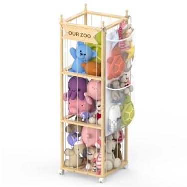 Imagem de SANXUO Organizador de armazenamento de animais de pelúcia de madeira, armazenamento de brinquedos para pendurar e rolar, suporte de gaiola de zoológico de pelúcia para quarto de crianças, berçário