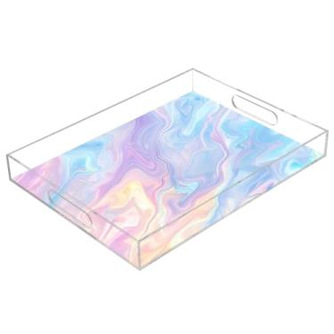 Imagem de STAYTOP Linda bandeja de acrílico de mármore líquido arco-íris 15,7 × 11,20 cm, bandejas decorativas à prova de derramamento, organizador de bancada para café da manhã, chá, comida, maquiagem