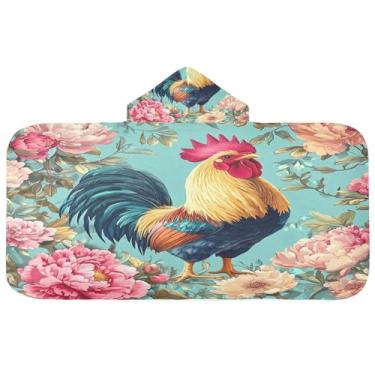 Imagem de Burbuja Toalha de banho com capuz Rooster Peonies para crianças, toalha de praia de pelúcia macia absorvente para meninas e meninos 3-10 anos, 61 x 127 cm