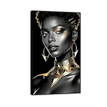 Imagem de Pintura de parede em tela de mulher afro-americana, pôster de retrato de mulher negra, pintura abstrata, sala de estar, decoração de casa, arte de parede com estampa de mulher negra dourada 70 x 120