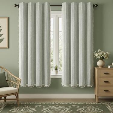 Imagem de XOGUIBO Cortinas blecaute Boho 182 cm de comprimento verde sálvia mistura de linho 2 painéis com borlas e bordado de algodão, cortinas de bolso rústico vintage para sala de estar ou quarto