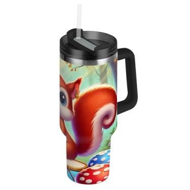 Imagem de Copos de aço inoxidável com tampa e canudos, bonito desenho animado floresta de esquilo, caneca de café quente para carro copo térmico com alça garrafa de água de 850 g isolada