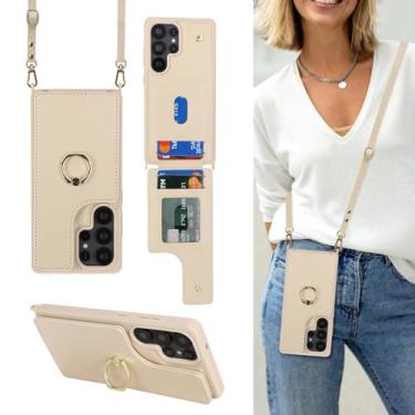 Imagem de Lipvina Capa para Samsung Galaxy S25 Ultra com suporte para cartão e alça para mulheres, cordão transversal, suporte de anel, fecho de pressão, capa carteira para celular de 6,9 polegadas (bege)