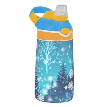 Imagem de Garrafa de água esportiva infantil Winter Forest Scene Snow Xmas para escola, 473 ml Tritan garrafa de água com canudo, copo de viagem reutilizável para crianças, à prova de vazamento, alça de