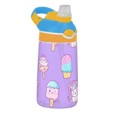 Imagem de Garrafa de água esportiva infantil fofa de unicórnio de sorvete para escola, garrafa de água Tritan de 473 ml com canudo, copo de viagem infantil à prova de vazamento, reutilizável, alça de transporte