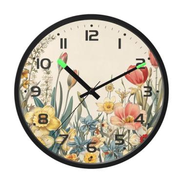 Imagem de SEHANY Herb Wildflower Relógio de parede silencioso sem tique-taque relógio redondo operado por bateria 30 cm controle de som luz noturna relógios de parede para sala de estar, cozinha, quarto