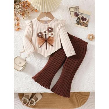 Imagem de Conjunto De Top Floral Com Laço E Calças Boca De Sino Marrom Para Meni