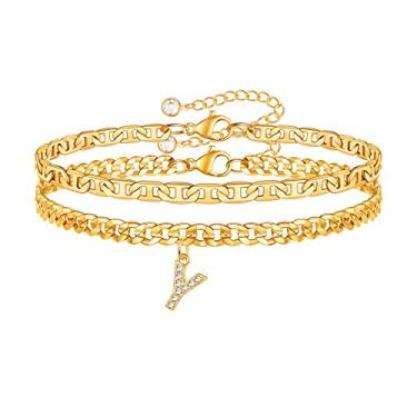 Imagem de Tornozeleira feminina com inicial de ouro banhado a ouro 14 K, tornozeleira com inicial de ouro para mulheres, corrente de elos cubanos, tornozeleira com inicial para mulheres, tornozeleira de corrente de elos marinheiros, Metal, Zircônia cúbica