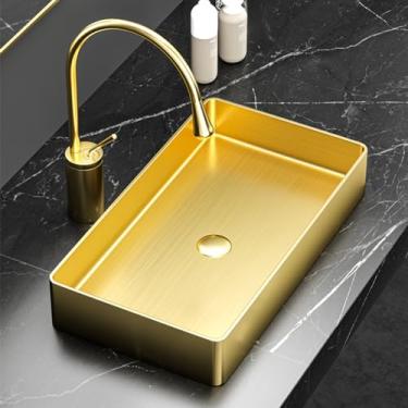 Imagem de Lavatório de banheiro, pia de aço inoxidável com torneira, pia de aço inoxidável de tigela única, pia manual, perfeita para restaurantes, bares, lojas, cozinha e muito mais (dourada)