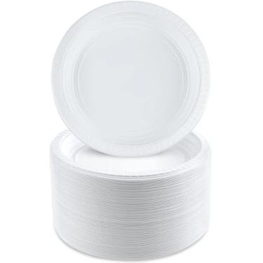 Imagem de Pratos de plástico branco da coleção Classic Servings – 18 cm (pacote com 100) – Seguro para micro-ondas – Perfeito para todas as ocasiões ou eventos