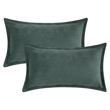 Imagem de Capas de almofada decorativas de veludo cotelê listrado, pacote com 2 fronhas macias para sofá-cama, sofá, decoração de casa, 30 x 50 cm, verde escuro