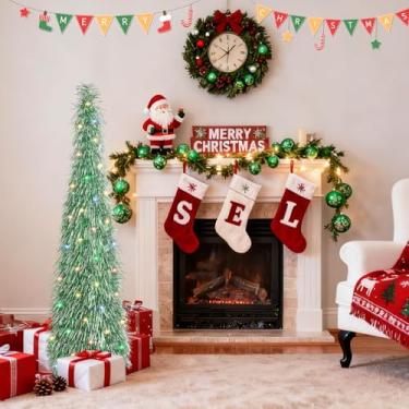 Imagem de Árvore de Natal pop-up de 1,8 m com 90 luzes LED coloridas, 8 modos, árvore de Natal artificial, lápis dobrável de 1,8 m para decoração de festa de Natal em casa interna (verde/prata)