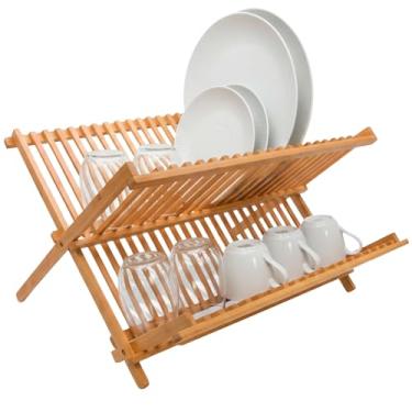 Imagem de Kit escorredor Pratos Copos Louças Bambu Dobrável Com 2 Níveis Suporte Elegante para Cozinha Moderna Organizador Pia Compacto e Resistente à Água 100% Natural Ecológico (Grande, 1, 1)