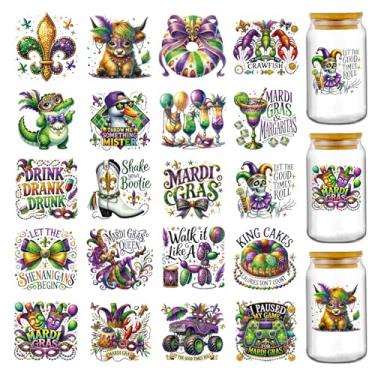 Imagem de Envoltório de copo Mardi Gras Uvdtf - 20 folhas máscaras verdes roxas e amarelas UV DTF para copo de vidro de 473 ml, adesivos de transferência de bolos fofos de vaca highland king adesivos de