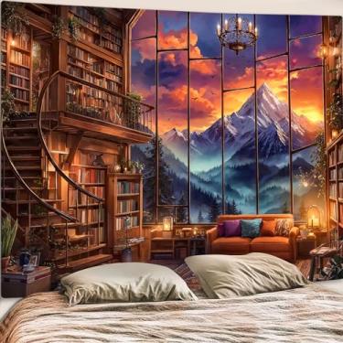 Imagem de Motanber Tapeçaria de biblioteca de fantasia, aquarela, floresta, montanha, estante, parede, vintage, natureza, paisagem, livro de fadas, tapeçaria extragrande para quarto, sala de estar, dormitório