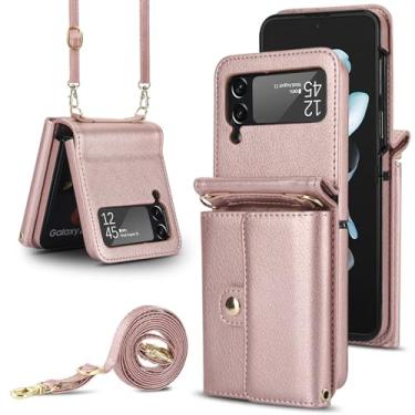 Imagem de Capa carteira para Samsung Galaxy Z Flip3, porta-cartões com bloqueio RFID e alça destacável, couro durável e TPU, 4 compartimentos para cartão, proteção contra quedas, capa flip para uso diário (ouro