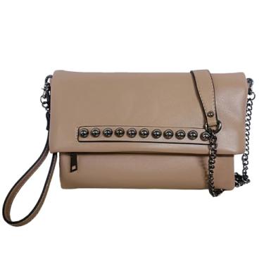 Imagem de NIGEDU Bolsa feminina dobrável com contas de couro PU com corrente transversal com envelope feminino para noite, Caqui