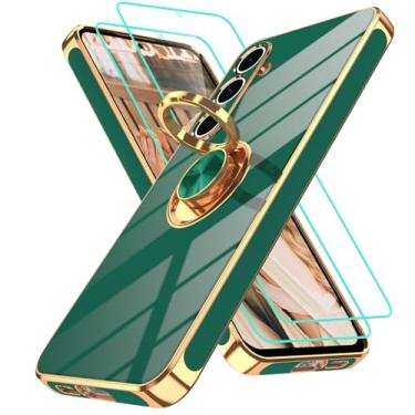 Imagem de Gritup Capa para celular Galaxy S24 FE | 2 peças protetoras de tela | Suporte magnético de rotação de 360°, capa protetora à prova de choque de TPU macio com borda dourada banhada a ouro para Samsung