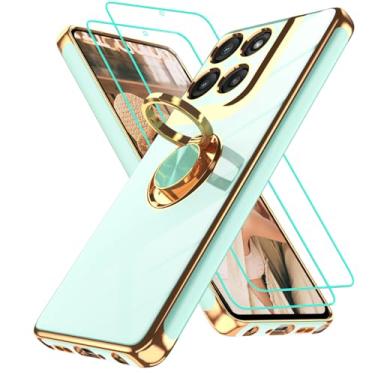 Imagem de Capa para Motorola Moto-G-Stylus-5G 2025: 2 peças de protetor de tela, suporte magnético com suporte de anel de rotação de 360°, capa protetora de TPU macio com borda dourada, verde claro