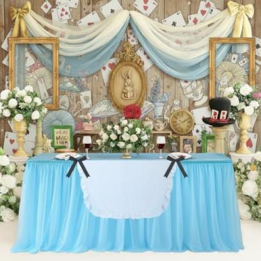 Imagem de Windkream Conjunto de 5 toalhas de mesa de festa do país das maravilhas grupo de mesa de malha azul, toalha de mesa branca laço preto para celebrações de festa de chá, chapéu, aniversário, dia das