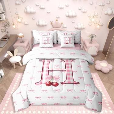 Imagem de Erosebridal Conjunto de edredom Queen com letra H com estampa de 7 peças, decoração de coquete, estampa de cereja, para crianças, meninas, estilo princesa sonhadora, conjunto de lençol com edredom