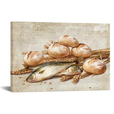 Imagem de KREATIVE ARTS Arte de parede de dois peixes e cinco pães 40,6 x 61 cm impressão em tela de cozinha rústica vintage pintura de pão e peixe casa de fazenda sala de jantar ou restaurante decoração de