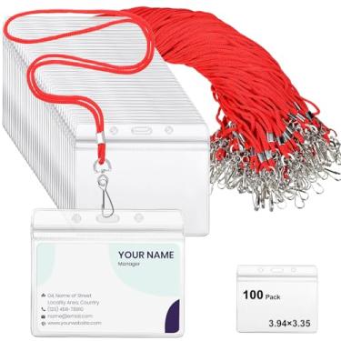 Imagem de Cordão de 100 peças para crachás de identificação, suporte de crachá transparente com cordão de identificação de PVC à prova d'água, cordão de estudante, etiquetas de nome horizontais com gancho giratório para cartão de crachá escritório escolar (vermelho)