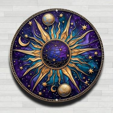 Imagem de Placa de parede redonda de metal de alumínio rústico vintage celestial sol celestial, 20 cm, presentes e decoração para casa, escritório, café e quintal