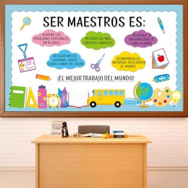 Imagem de Conjunto de decorações de quadro de avisos para professores de espanhol, motivacional, decoração de sala de aula, citações inspiradoras, ônibus escolar, lápis, recortes de papel para volta às aulas