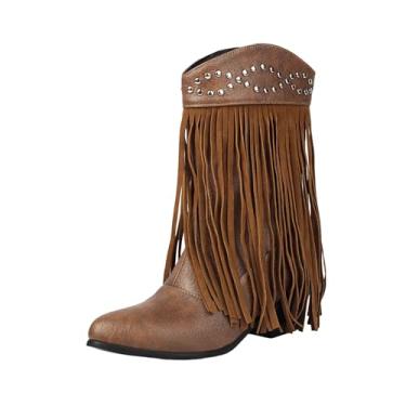 Imagem de Botas femininas casuais versáteis com borla, bico redondo, cano curto, cano curto, salto grosso, para outono, inverno, botas de tornozelo confortáveis e atraentes, Marrom, 35