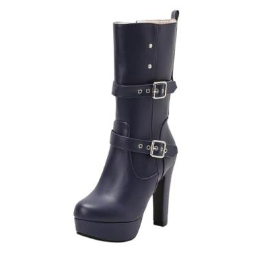 Imagem de Botas de cano médio femininas casuais de inverno bico redondo com zíper interno à prova d'água plataforma e design de salto, várias, Azul royal, 38
