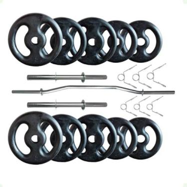 Imagem de Kit 30 Kg de Anilhas Ferro Fundido + 02 Barras de 40cm + Barra W - 2M 