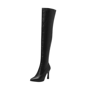 Imagem de Botas femininas de cano alto, cano alto, meio zíper, bico fino, para outono e inverno, Preto, 36