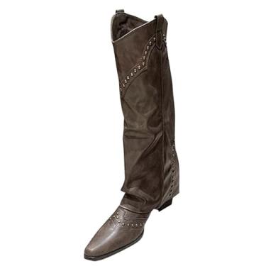Imagem de Botas femininas estilo caubói ocidental com detalhe de metal, salto grosso, plataforma, cano médio, para outono e inverno, Caqui, 35