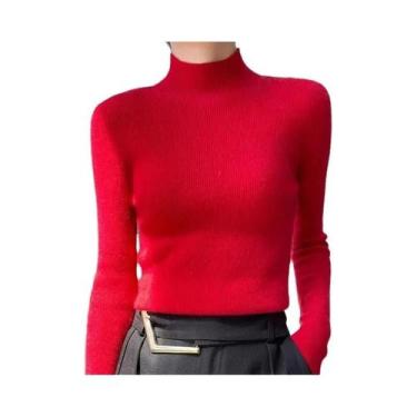 Imagem de Suéter Feminino De Tricô Grosso Sólido Com Gola Alta Estilo Harajuku C