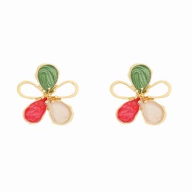 Imagem de Xydedoing Brincos femininos de flor esmaltada, brincos florais banhados a ouro, brincos boêmios verdes vermelhos e brancos para uso diário, joias de festa de casamento, Free Size, Acrílico, flor