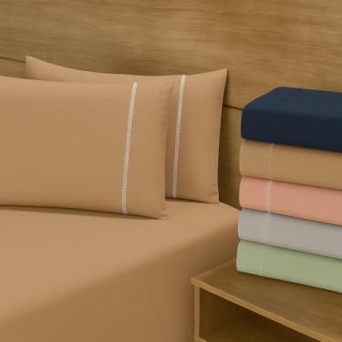 Imagem de Jogo de Lençol - Jogo de Cama - Micropercal Ponto Palito 2 e 3 Peças - 200 Fios - Toque Macio (Avelã, Queen)