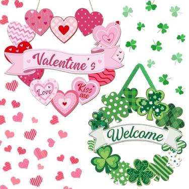 Imagem de Decorações de Dia dos Namorados, decorações de Dia de São Patrício para placa de parede, guirlanda irlandesa de feliz dia dos namorados, decoração de porta de coração, placa de pendurar de madeira