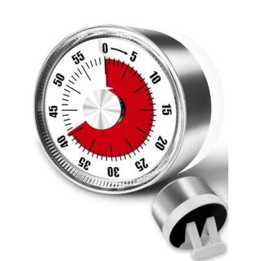 Imagem de Temporizadores de cozinha para cozinhar, temporizador manual de 0 a 60 minutos com alarme alto, 100% mecânico, temporizador magnético traseiro, temporizador visual com suporte, corpo de aço inoxidável