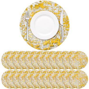 Imagem de Soleebee Pacote com 100 jogos americanos descartáveis, tapetes de mesa redondos finos de 33 cm de malha preta, folha dourada, carregador, jogo americano para casamento, festa de aniversário, mesa de